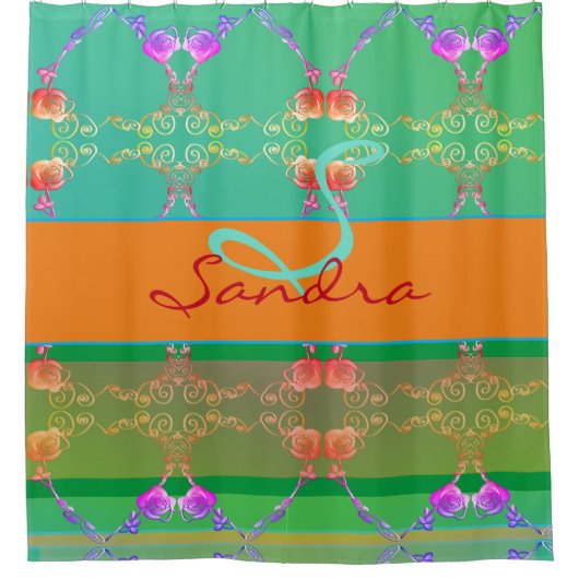 Monogram Roos Hart Abriot blauwgroen en Moss Douchegordijn (Voorkant)
