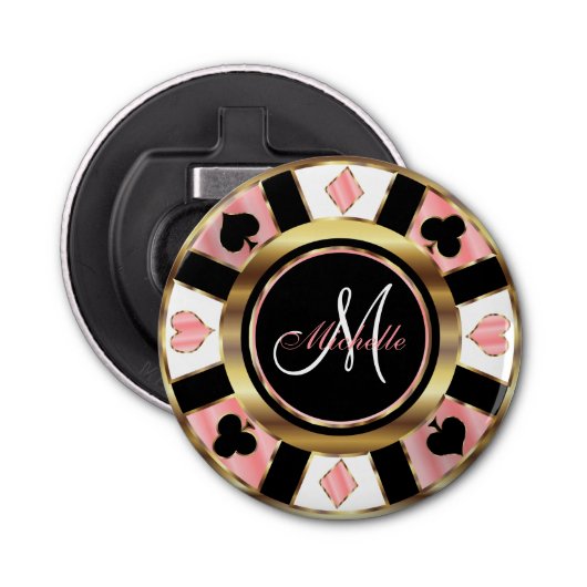 Monogram Roos Poker Chip Design Button Flesopener (Voorkant)