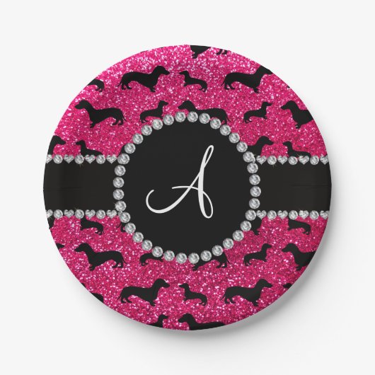 Monogram roos roze glitter dachshund papieren bordje (Voorkant)