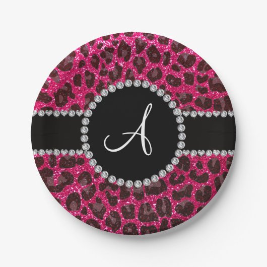 Monogram roos roze glitterluipaard papieren bordje (Voorkant)