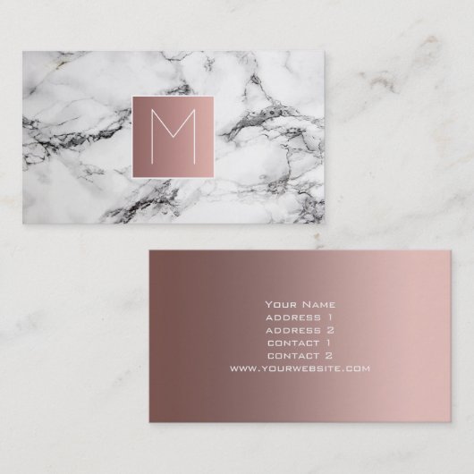 Monogram roos roze op zwart en wit marmer visitekaartje (Voorkant / Achterkant)