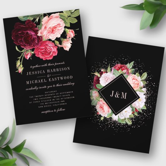 Monogram Rose Bouquet Elegant Black Wedding Kaart