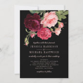 Monogram Rose Bouquet Elegant Black Wedding Kaart (Voorkant)
