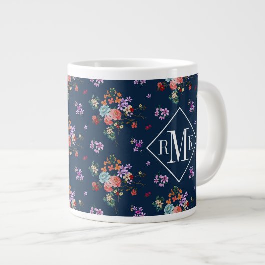 Monogram | Rose Bouquet Floral Pattern Grote Koffiekop (Voorkant rechts)