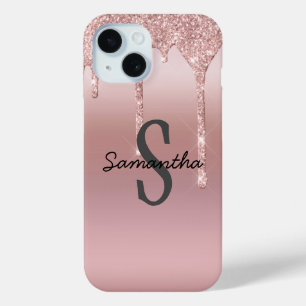Monogram Rose Goud Drip Glitter Blush Roze Trendy  iPhone 15 Case