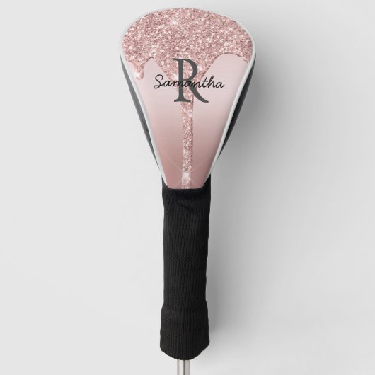 Monogram Rose Goud Drip Glitter Blush Roze Trendy Golfheadcover (Voorkant)