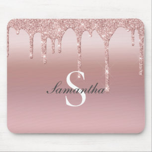Monogram Rose Goud Drip Glitter Blush Roze Trendy Muismat