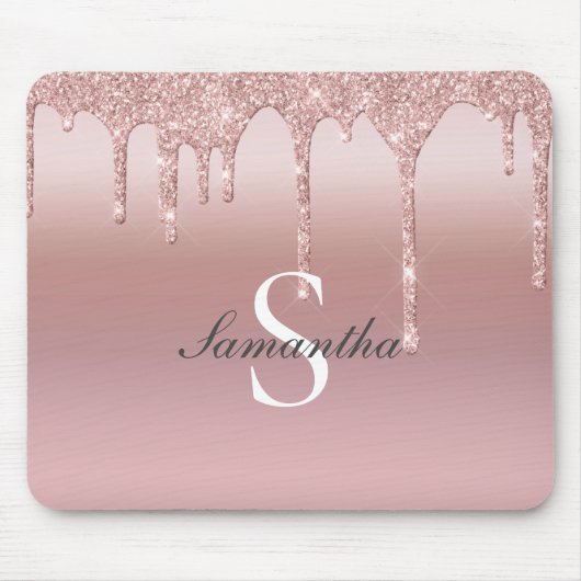 Monogram Rose Goud Drip Glitter Blush Roze Trendy  Muismat (Voorkant)