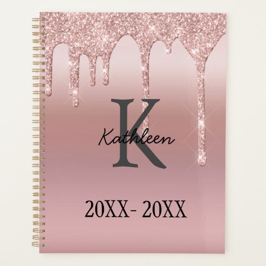Monogram Rose Goud Drip Glitter Blush Roze Trendy Planner (Voorkant)