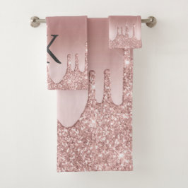 Monogram Rose Goud Drip Glitter Trendy Bad Handdoek