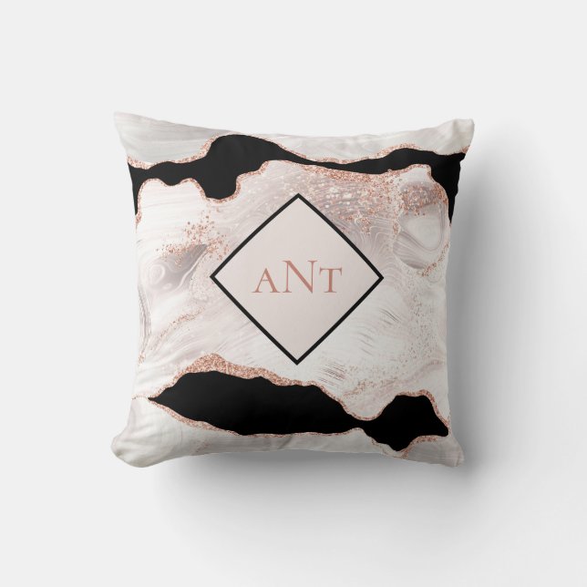 Monogram Rose Goud Glitter Agate Zwart Wit Draai Kussen (Voorkant)