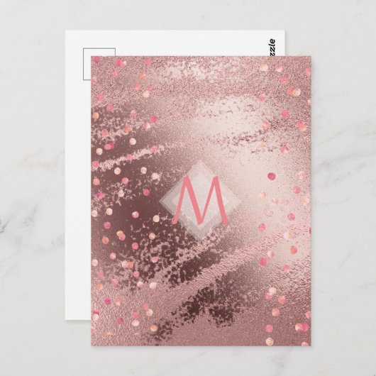 Monogram ROSEGOLD Metallic Folie Confetti Look Briefkaart (Voorkant / Achterkant)