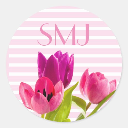 Monogram Round Floral met roze Tulps-Sticker Ronde Sticker (Voorkant)
