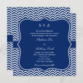 Monogram Royal Blue Chevron Pattern Wedding Kaart (Voorkant / Achterkant)