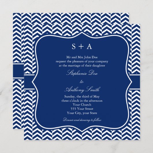Monogram Royal Blue Chevron Pattern Wedding Kaart (Voorkant / Achterkant)