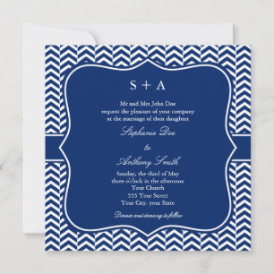 Monogram Royal Blue Chevron Pattern Wedding Kaart