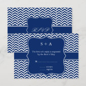 Monogram Royal Blue Chevron Pattern Wedding RSVP Kaartje (Voorkant / Achterkant)