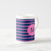 Monogram Royal Blue en Hot Pink Stripes Porselein Kop (Voorkant rechts)