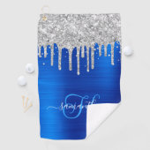 Monogram Royal Blue en Silver Dripping Glitter Golfhanddoek (Insitu)