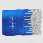 Monogram Royal Blue en Silver Dripping Glitter Golfhanddoek (Horizontaal)