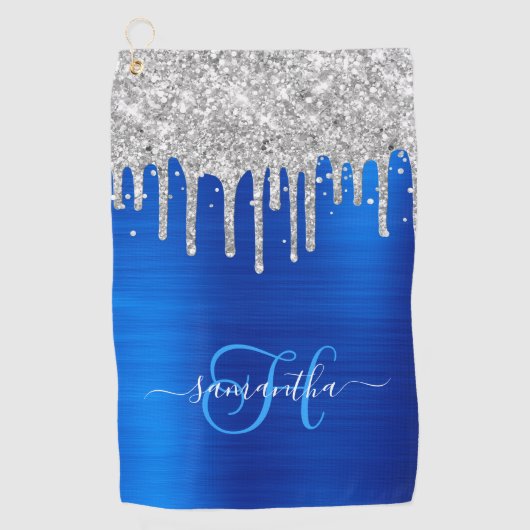 Monogram Royal Blue en Silver Dripping Glitter Golfhanddoek (Voorkant)