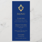 Monogram Royal Blue Faux Gouden Folie Crest Bruilo Menu (Voorkant)
