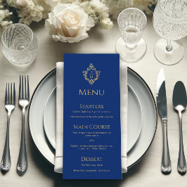 Monogram Royal Blue Faux Gouden Folie Crest Bruilo Menu