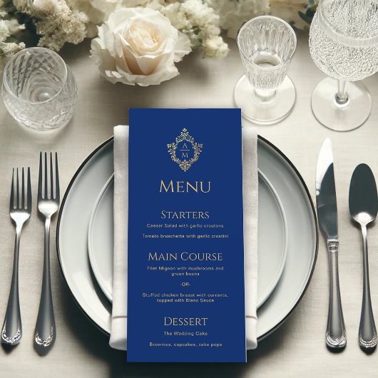 Monogram Royal Blue Faux Gouden Folie Crest Bruilo Menu