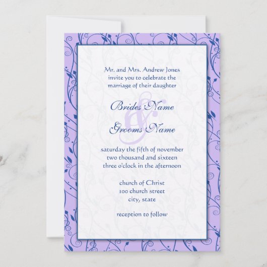 Monogram Royal Blue Lila Swirl Wedding Invite Kaart (Voorkant)