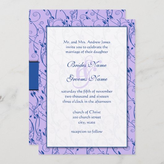 Monogram Royal Blue Lila Swirl Wedding Invite Kaart (Voorkant / Achterkant)