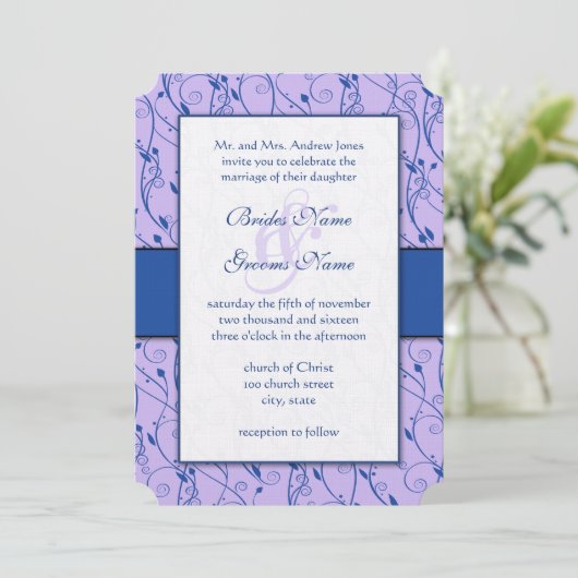 Monogram Royal Blue Lila Swirl Wedding Kaart (Staand voorkant)