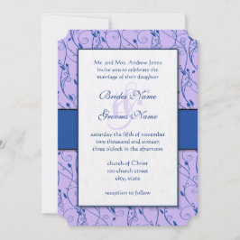 Monogram Royal Blue Lila Swirl Wedding Kaart