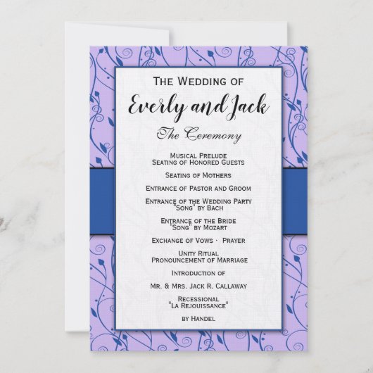 Monogram Royal Blue Lila Swirl Wedding Programme Kaart (Voorkant)