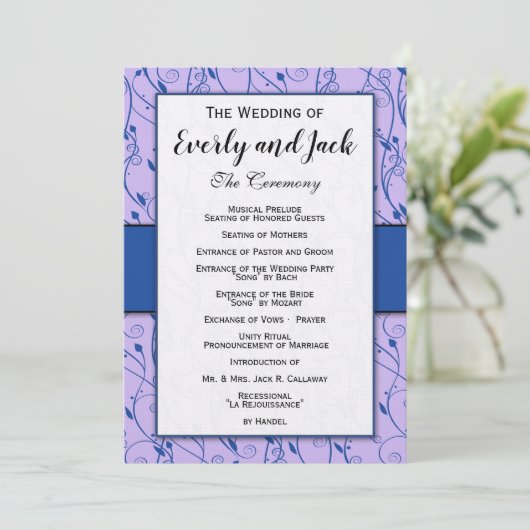 Monogram Royal Blue Lila Swirl Wedding Programme Kaart (Staand voorkant)