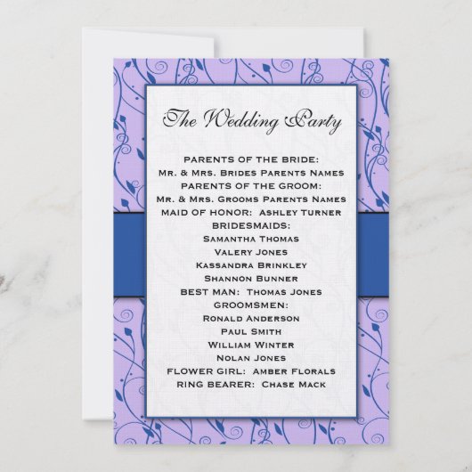Monogram Royal Blue Lila Swirl Wedding Programme Kaart (Achterkant)