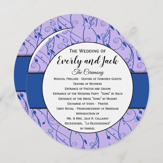 Monogram Royal Blue Lila Swirl Wedding Programme Kaart (Voorkant / Achterkant)