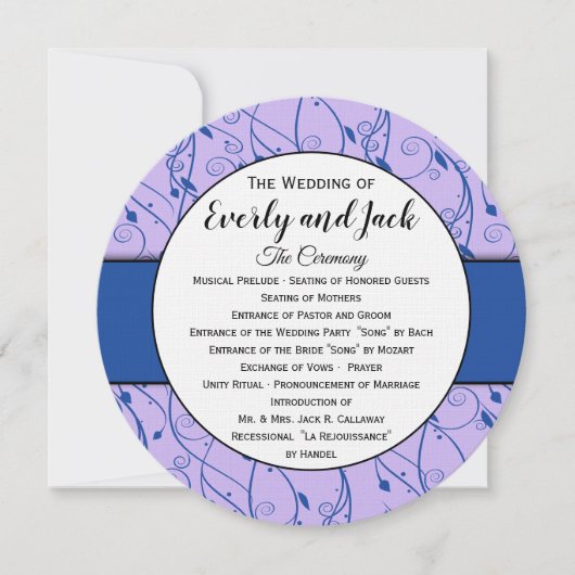 Monogram Royal Blue Lila Swirl Wedding Programme Kaart (Voorkant)