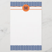 Monogram Royal Blue met Oranje Chevron Pattern Briefpapier (Voorkant)