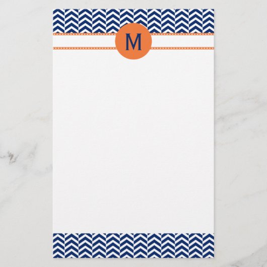 Monogram Royal Blue met Oranje Chevron Pattern Briefpapier (Voorkant)
