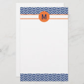 Monogram Royal Blue met Oranje Chevron Pattern Briefpapier (Voorkant / Achterkant)