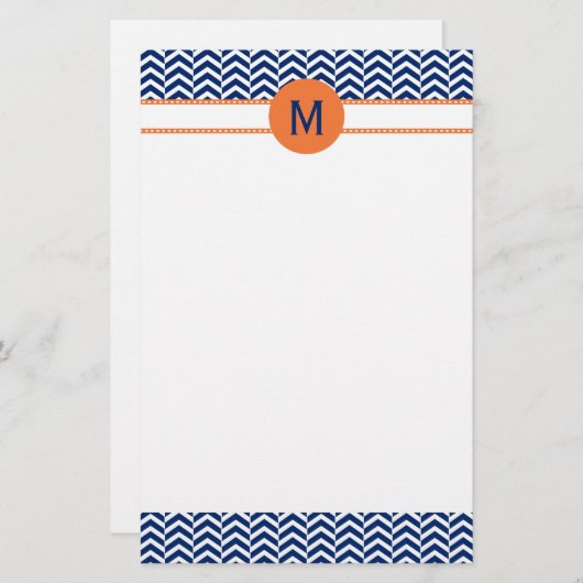 Monogram Royal Blue met Oranje Chevron Pattern Briefpapier (Voorkant / Achterkant)