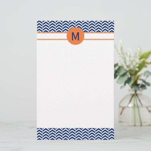 Monogram Royal Blue met Oranje Chevron Pattern Briefpapier (Staand voorkant)