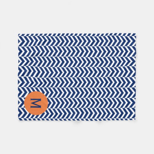 Monogram Royal Blue met Oranje Chevron Pattern Fleece Deken (Voorkant (Horizontaal))