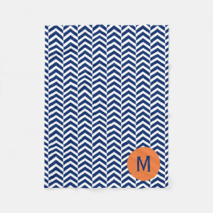 Monogram Royal Blue met Oranje Chevron Pattern Fleece Deken