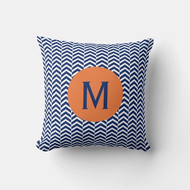 Monogram Royal Blue met Oranje Chevron Pattern Kussen (Voorkant)