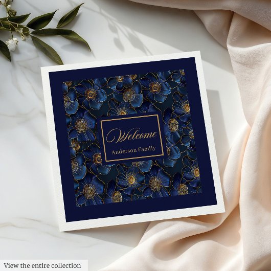 Monogram Royal Blue Napkins Gold Flowers Modern Servet
