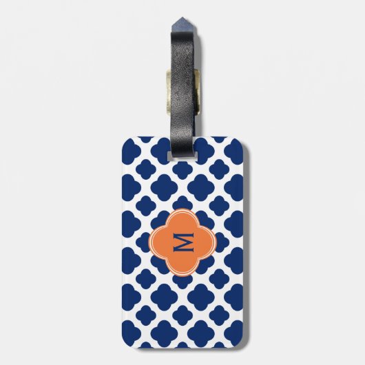 Monogram Royal Blue Quatrefoil Pattern met Sinaasa Bagagelabel (Achterkant verticaal)