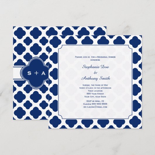 Monogram Royal Blue Quatrefoil repesal Dinner Kaart (Voorkant / Achterkant)