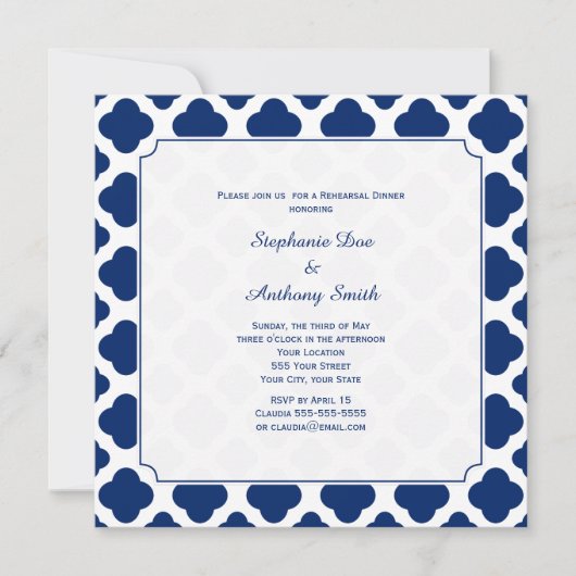 Monogram Royal Blue Quatrefoil repesal Dinner Kaart (Voorkant)