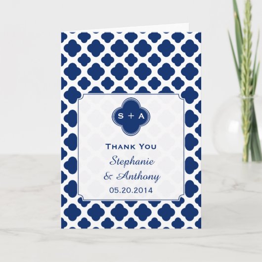 Monogram Royal Blue Quatrefoil Trouw Dank Je Bedankkaart (Voorkant)